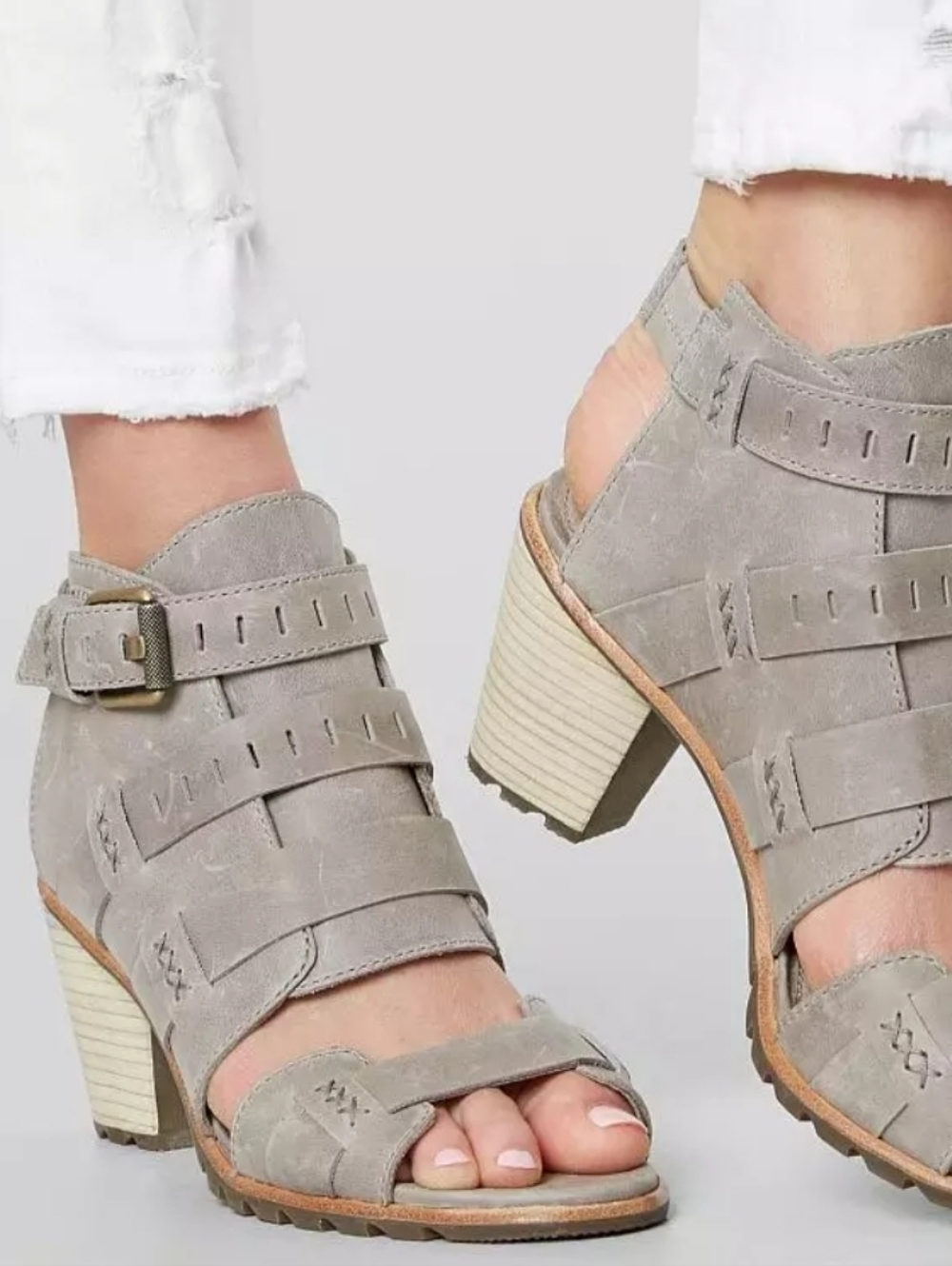 Sorel Nadia Buckle Leather Heeled Sandals Gray Size 8